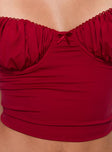 Red Crop top Ruched bust, sweetheart neckline, fixed shoulder straps, wired cups