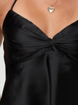 Black Top Halter style, silk material look, pinched bust detail, invisible zip fastening