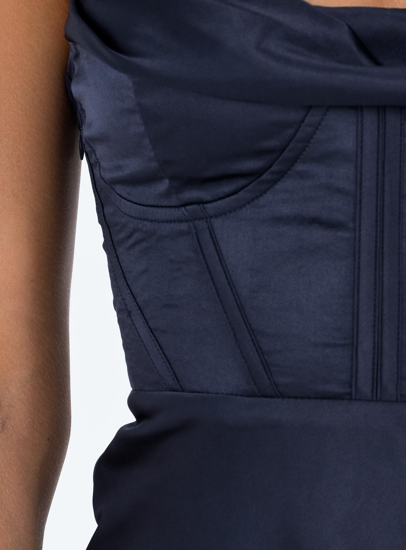 Navy mini dress Silky material Adjustable shoulder straps Cowl neckline Boning through waist Invisible zip fastening at side