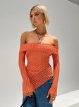 Off-the-shoulder sweater Slim fitting, sheer knit material,  asymmetric hem, extra long slightly flared sleeve, folded neckline