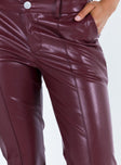 Pants Faux leather material Mid rise Belt looped waist Zip and button fastening  Four classic pockets Straight leg
