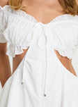 White xBroderie anglaise romper Puff sleeve, v neckline, tie detail at bust, exposed back, elasticated band at back
