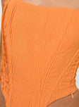 Orange Plisse corset Fixed shoulder straps, square neckline, lace up fastening at back, curved hem, invisible zip fastening at side, boning throughout