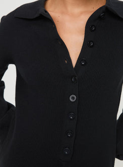 Black knit romper long sleeve button up