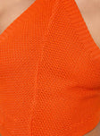 Orange Crochet top High neckline, exposed back, tie fastening at back