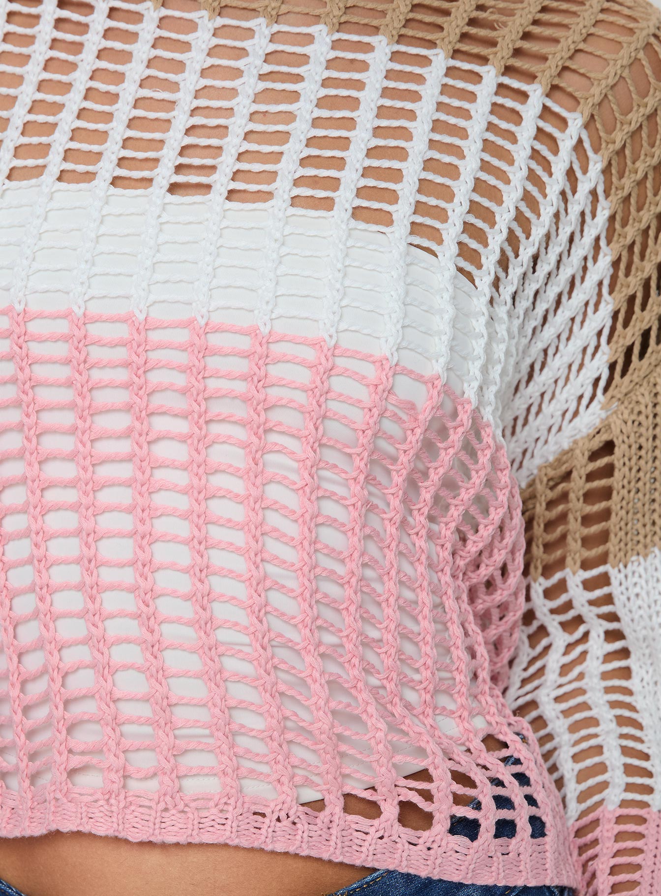 Brown pink and white Knit sweater High neckline, relaxed fit Slight stretch, unlined, sheer