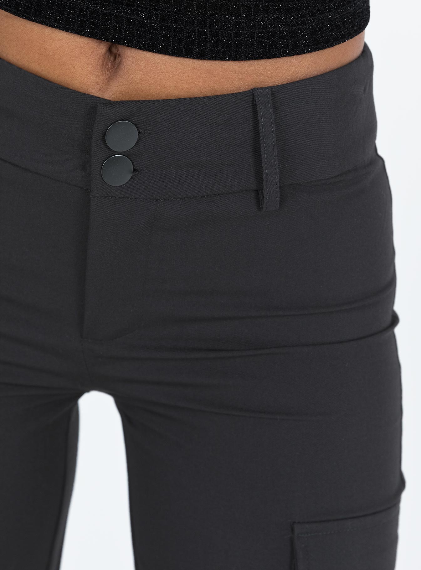 Black cargo pants High rise Belt looped waist Zip and button fastening Faux back pockets Twin leg pockets Straight leg