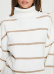 Turtleneck sweater Knit material, striped print, drop shoulder, ribbed trim Good stretch, unlined  Princess Polly Lower Impact  Turtleneck sweater Knit material, striped print, drop shoulder, ribbed trim Good stretch, unlined  Princess Polly Lower Impact 