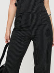 Pinstriped pants High rise fit, button & clasp fastening, twin hip pockets Non-stretch material, unlined 