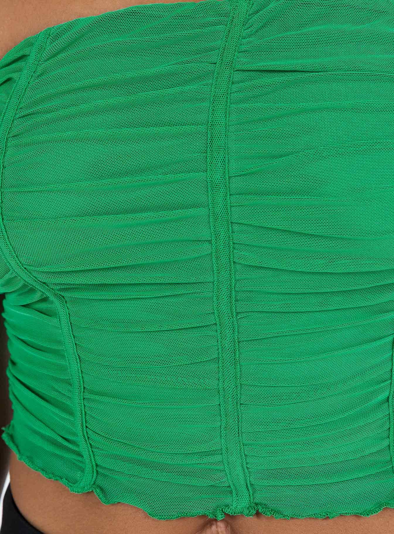 Green tube top Mesh material Gathered detail Inner silicone trip at bust Good Stretch Fully lined 