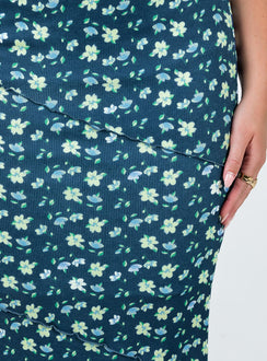 Maxi skirt Floral print High waisted  Elasticated waistband Ribbed knit material Ruffle trimming Lettuce edge hemline