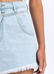 Denim shorts Light wash denim High rise Belt looped waist Zip and button fastening Four-pocket design Raw edge hem