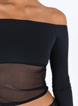 Black top Off the shoulder design Inner silicone strip at bust Mesh panel Good stretch