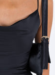Black mini dress Silky material Cowl neckline Invisible zip at side Lace up back Tie fastening at back