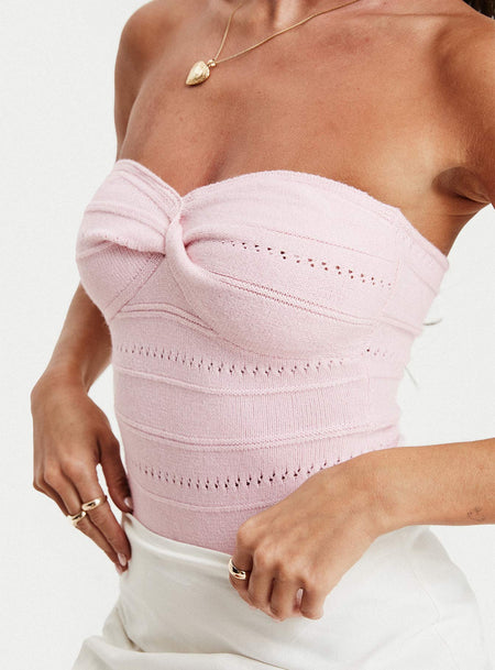 Knit strapless bodysuit Knot detail at front, high cut leg, cheeky style, inner silicone strip at bust, press clip fastening at base  Good stretch, unlined