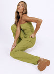 Green matching set Textured material Strapless top Elasticated band at bust Pants Straight leg Elasticated waistband