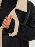 Longline coat Lapel collar, long sleeves, shearling cuffs & detail, single button fastening at cuff, twin hip pockets, double-breasted front 