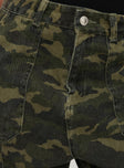 Cargo pants Camo print, four pocket design, belt looped waist, zip & button fastening Non-stretch material, unlined