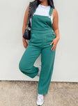 Green overalls Contrast stitching Adjustable shoulder straps  Large chest pocket  Four classic pockets  Button fastening at hips  Wide leg