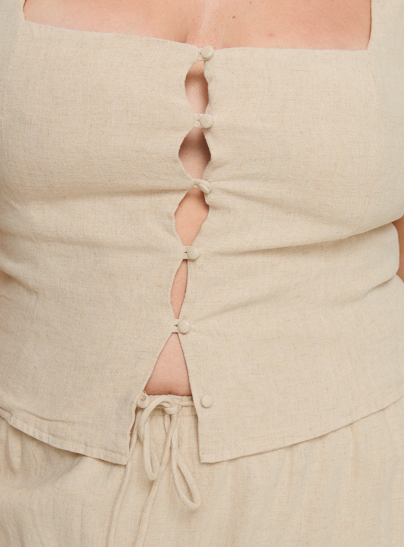 Beige Linen top Square neck, button up fastening