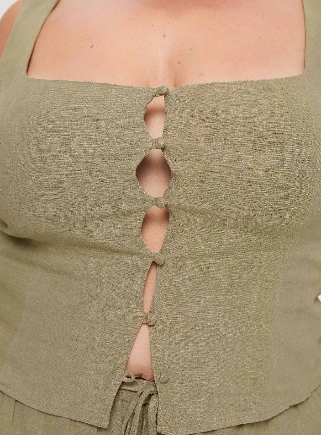 Olive Linen top Square neck, button up fastening