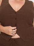 Chocolate Linen vest top V-neckline, button closure, tie detail at back