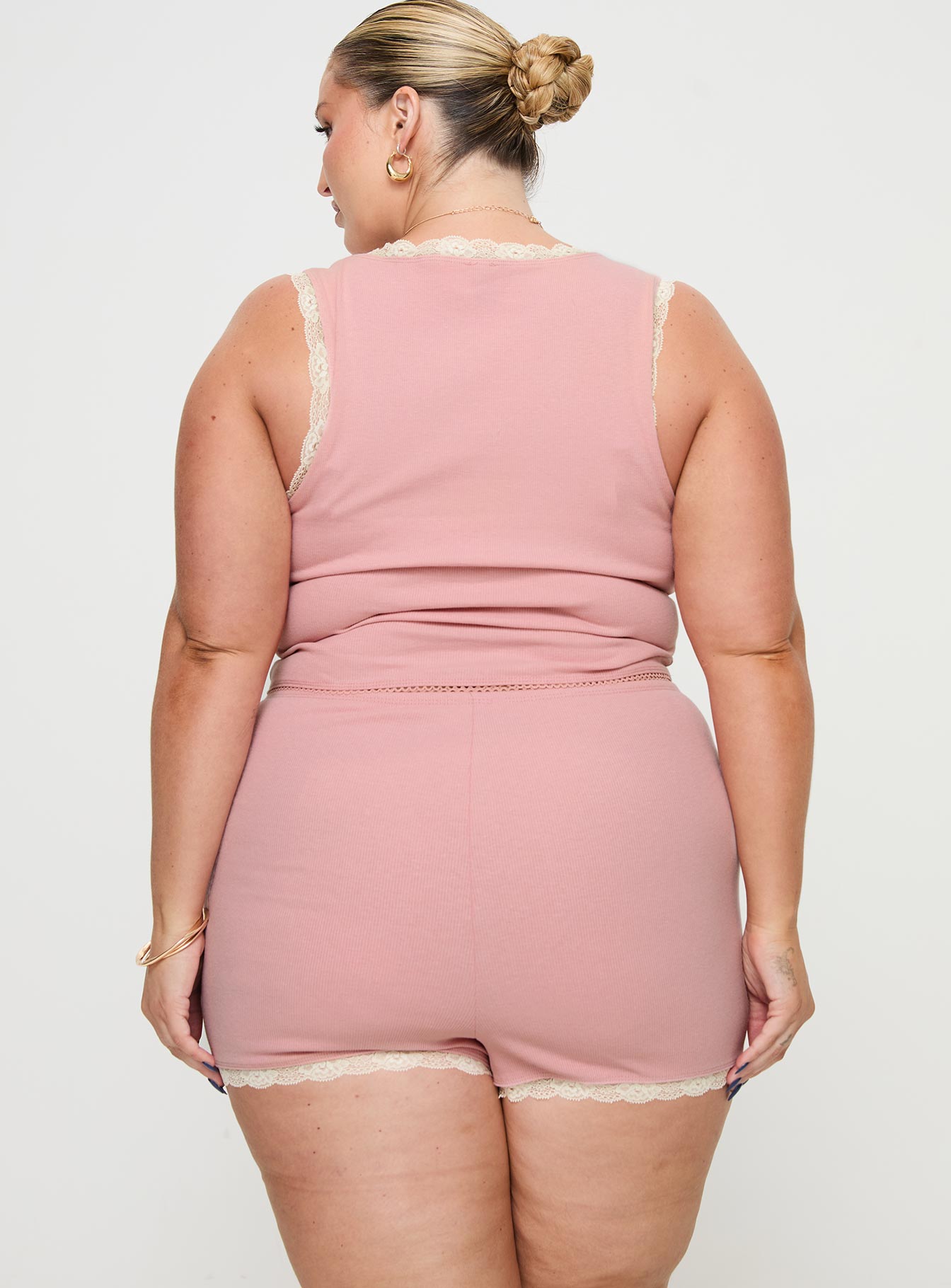 Riley Matching sleep set Tank style top, ribbed material, lace trim with flower detail, elasticated waistband