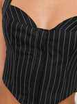 Black Pinstripe crop top Halter neck tie fastening, double bust detail, shirred band at back, zip fastening, curved hem