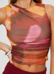 Tank top Mesh material, tie-dye print, high neckline, ruching detail at sides Good stretch, fully lined 