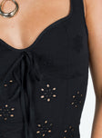 Top Sheer perforated material  Sweetheart neckline  Fixed tie at bust  Lace up back fastening 