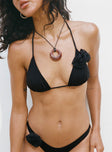 Triangle bikini top Tie fastenings, rose detail, adjustable coverage Good stretch, fully lined