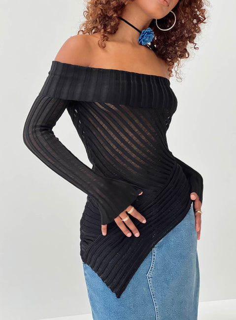 Off the shoulder sweater Sheer knit material, folded neckline, asymmetrical hemline Good stretch, unlined, sheer