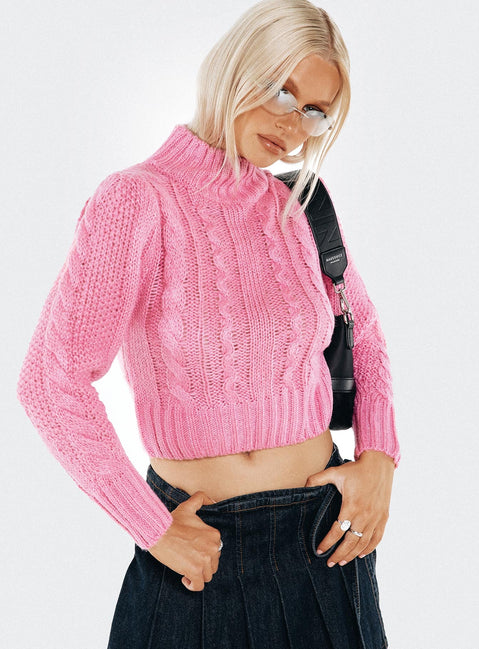 Cable knit cropped sweater, mock neck Good stretch, unlined