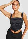 Satin crop top pleated design, adjustable shoulder straps, tie fastening at back, pointed hem Non-stretch material, fully lined 