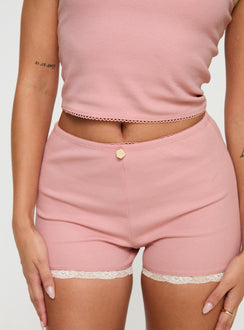 Pink Matching sleep set Tank style top, ribbed material, lace trim with flower detail, elasticated waistband