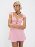 Pink mini dress Linen material Sweetheart neckline Tie front fastening Keyhole cut out Invisible zip fastening at back
