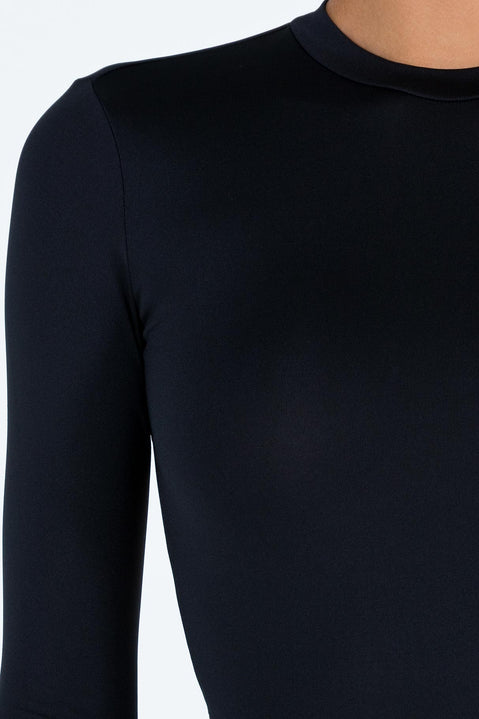 Black long sleeve bodysuit High neck Cut out at back High cut leg Cheeky style bottom Press clip fastening  Good stretch Unlined 