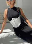 White corset top Wired cups Cut out bust Metal fastening closure Boning through bodice