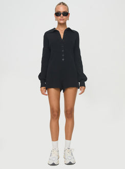 Black knit romper long sleeve button up