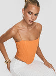 Orange Plisse corset Fixed shoulder straps, square neckline, lace up fastening at back, curved hem, invisible zip fastening at side, boning throughout