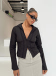 Shirt V neckline Classic collar Slight ruching at bust Button fastening at front Knitted lace detail Flared cuff
