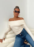 Long sleeve top Ribbed material Off the shoulder design Good stretch Unlined 