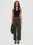 Cargo pants Camo print, four pocket design, belt looped waist, zip & button fastening Non-stretch material, unlined