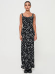 Black maxi dress Floral print, adjustable straps, pinched bust, low back, invisible zip fastening
