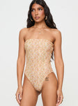 Strapless bodysuit Inner silicone strip at bust, lace material with shimmer detail, invisible zip fastening high cut leg, cheeky cut bottom, press clip fastening at base