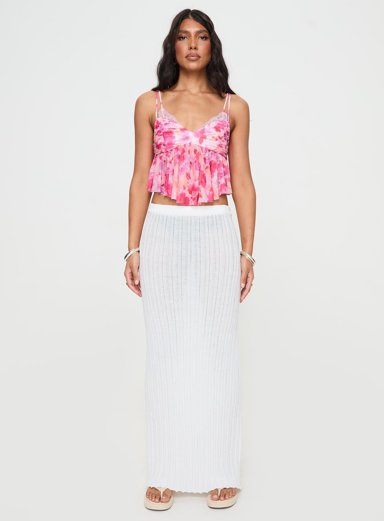 Floral print mesh crop top Adjustable shoulder straps, v-neckline, lace detailing, pleats under bust