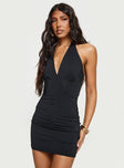 Black Mini dress Slim fit, halter style, plunging neckline, open back