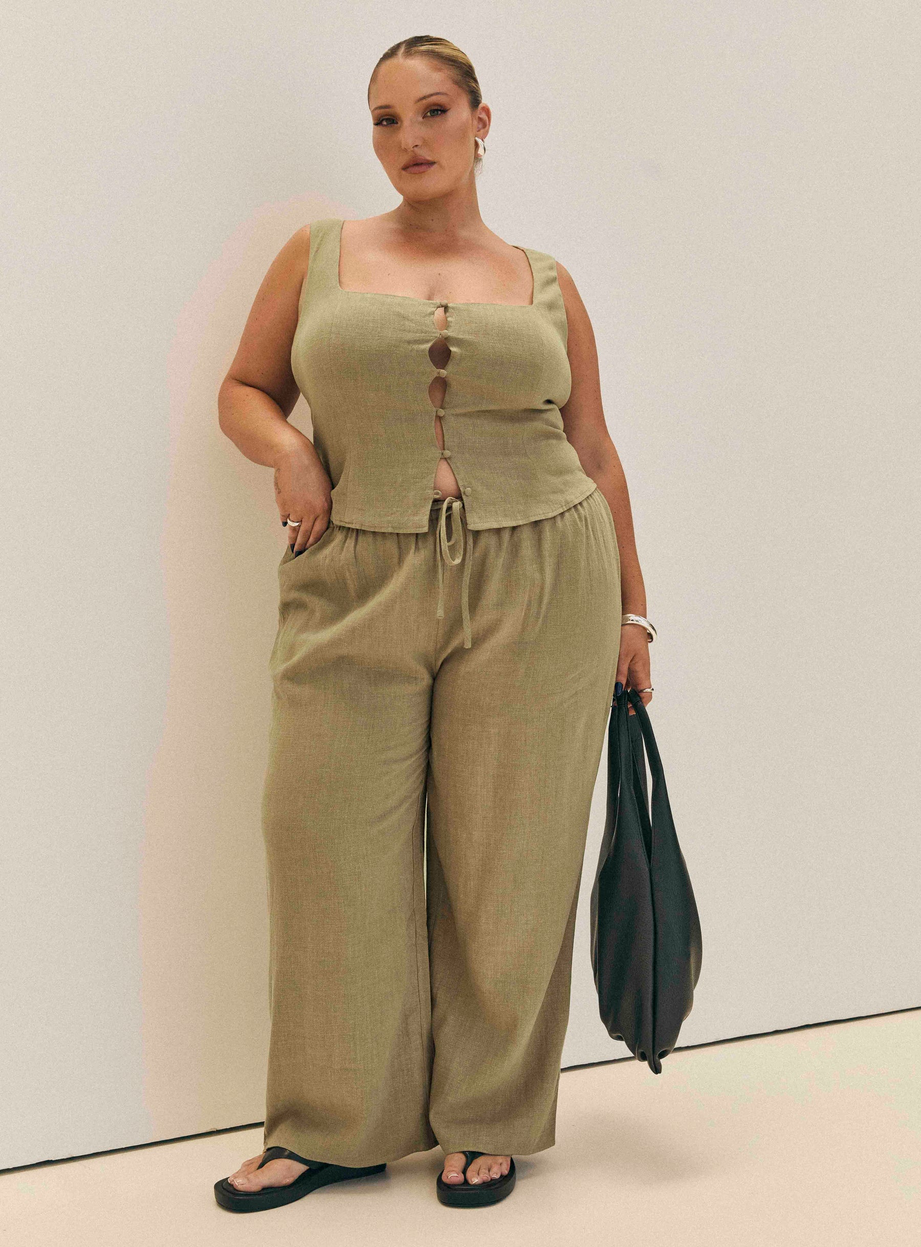 Olive Linen top Square neck, button up fastening