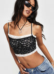 Lace crop top Double bust, adjustable shoulder straps, scooped neckline Good stretch, fully lined, sheer