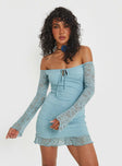 Lace mini dress Off the shoulder style, elastic band along bust, ruffle hem, tie fastening at bust Good stretch, fully lined